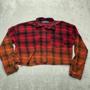 Indigo Rising Plaid Ombre Crop Flannel Shirt Red Orange Black Size M‎